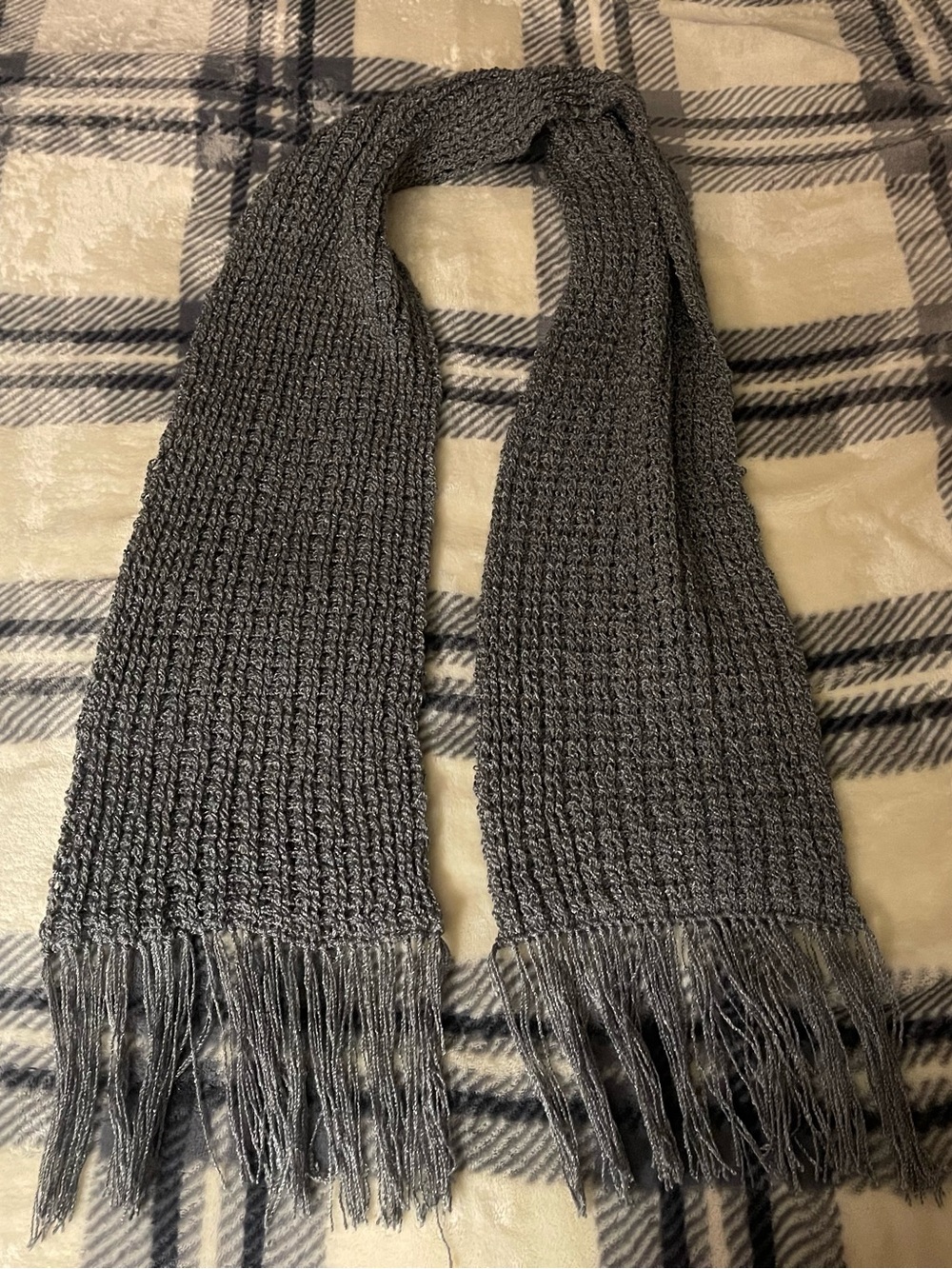 Handmade Silver Metallic Gray Knit Fringe Scarf